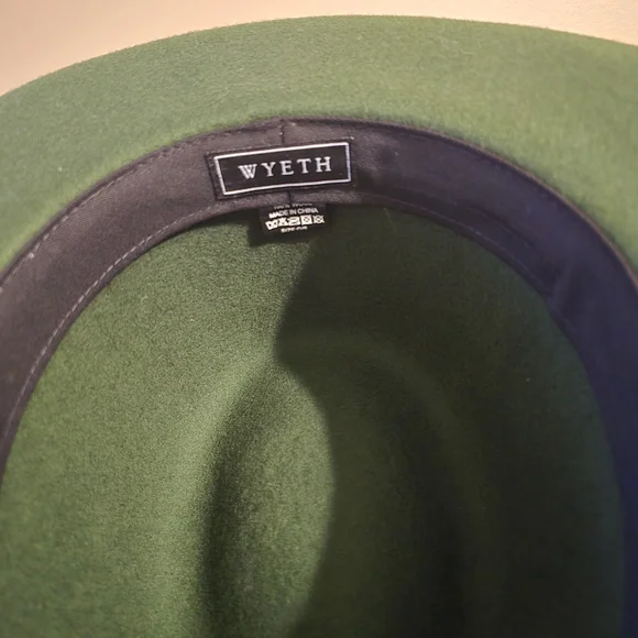 WYETH Hunter Green Wide-Brim Fedora Hat with Brown Leather Band - Picture 3 of 5